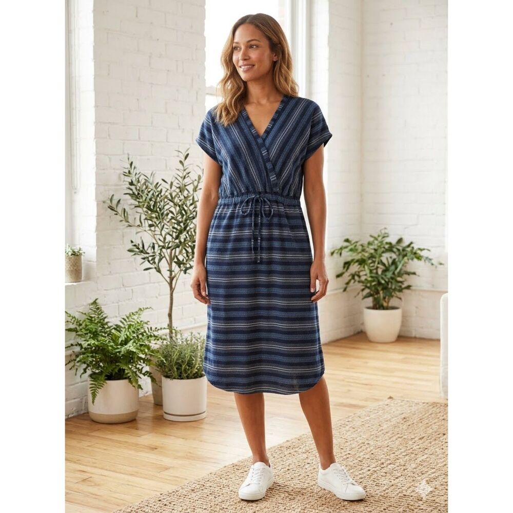 Eddie Bauer Dress Womens M Blue Stripe V Neck Cap Sleeve Pockets Cotton